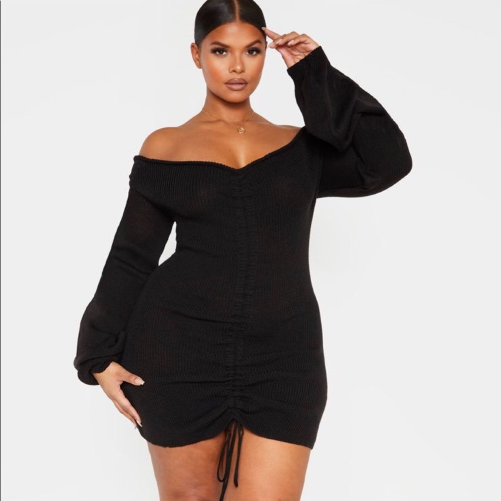 Black ruched knit dress